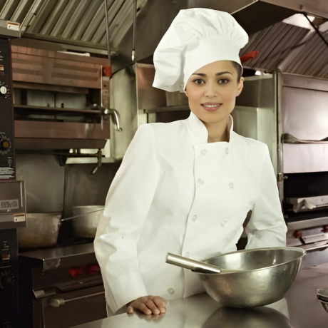 Female chef in kitchen promoting cooking skills to bond with life partner Culinary love-building for couples