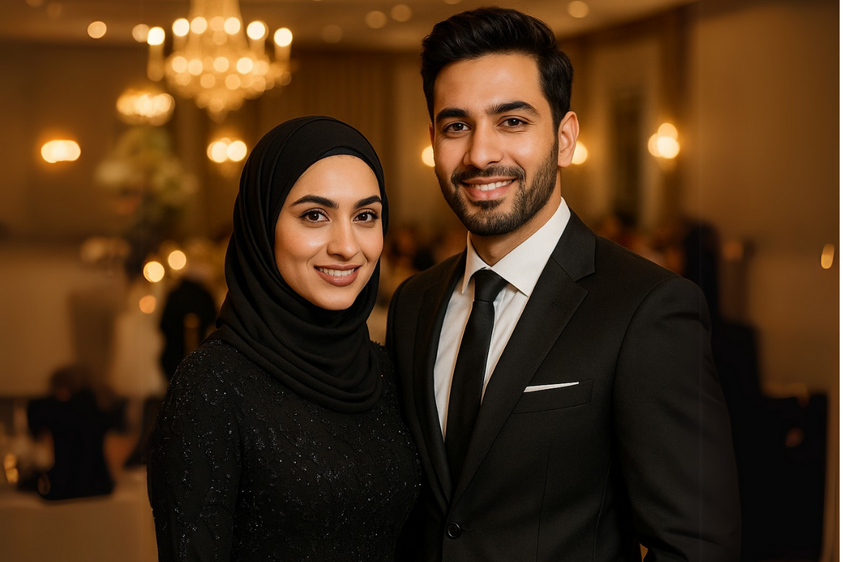 Elegant bride and groom embracing, representing elite matrimony's personalized matchmaking.