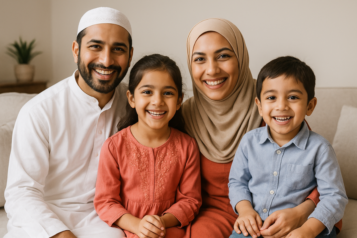 Happy family of four sitting together, celebrating love and unity through USA matrimony connections.