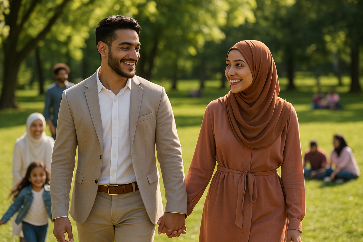 Couple walking hand-in-hand in a park, finding love and connection through Matrimonial Sites in the USA.